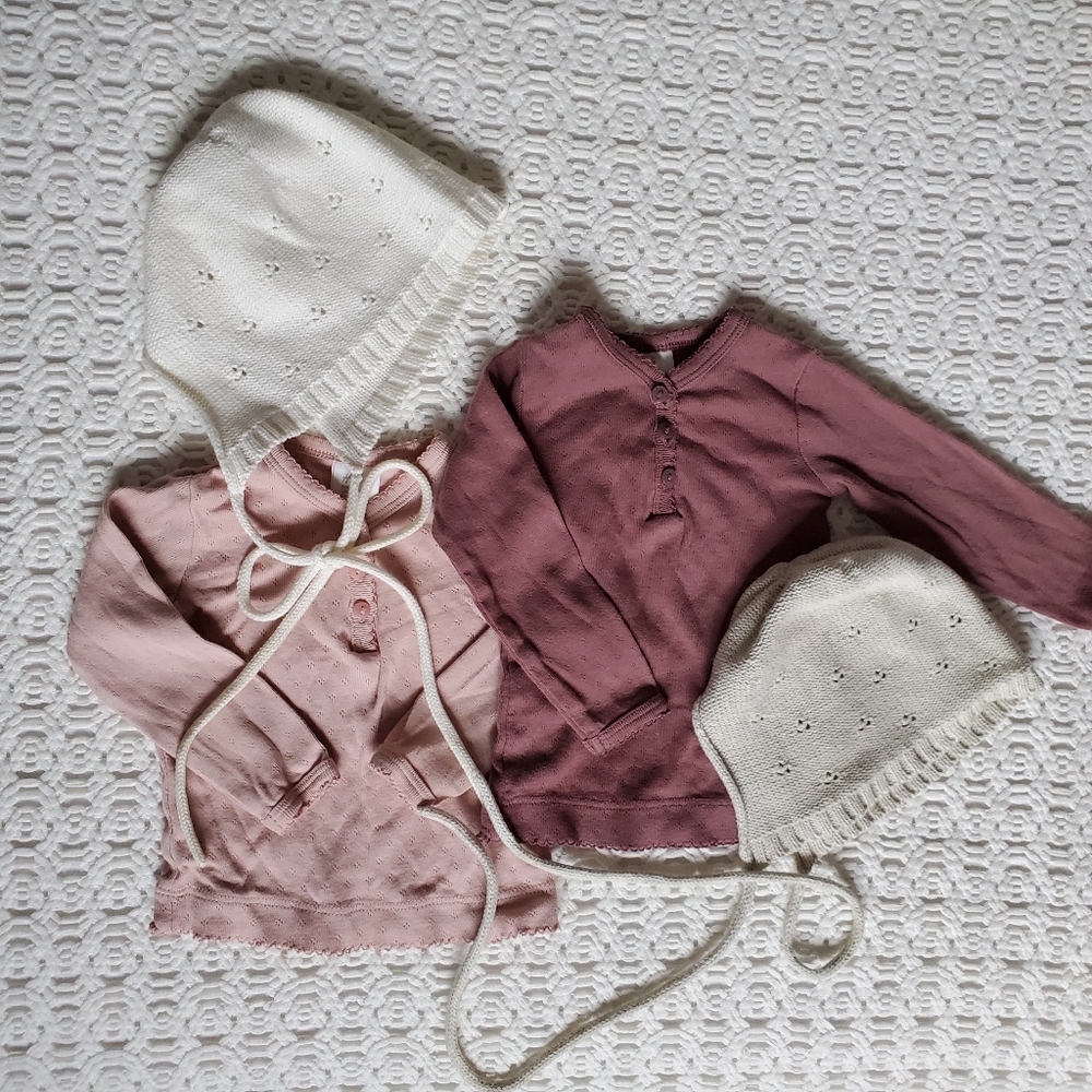 Two Jamie Kay Bonnets and Two pointelle shirts